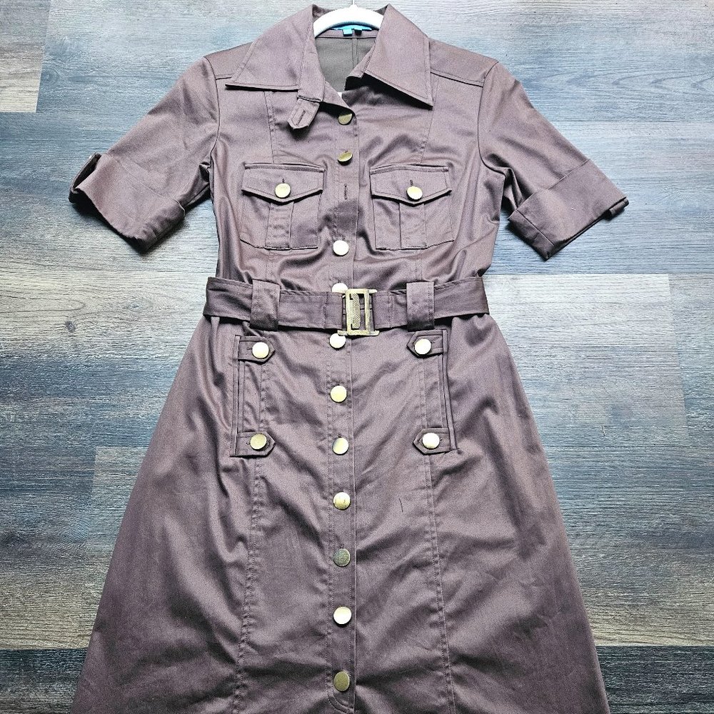 Brown Short-sleeved Button Down Dress